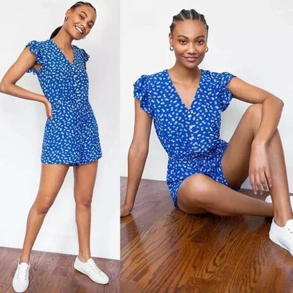 Rails Pants - Rails Chloe Cobalt Floating Daisies Romper S Flutter Sleeves Blue Revolve $178